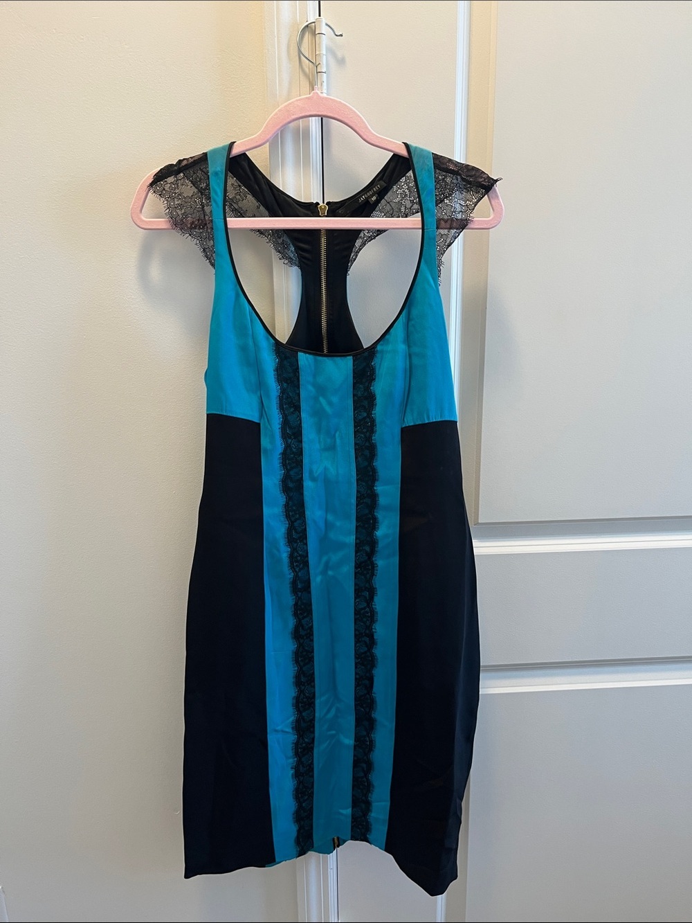JAYGODFREY Teal and Black Lace Panel Racerback Dress